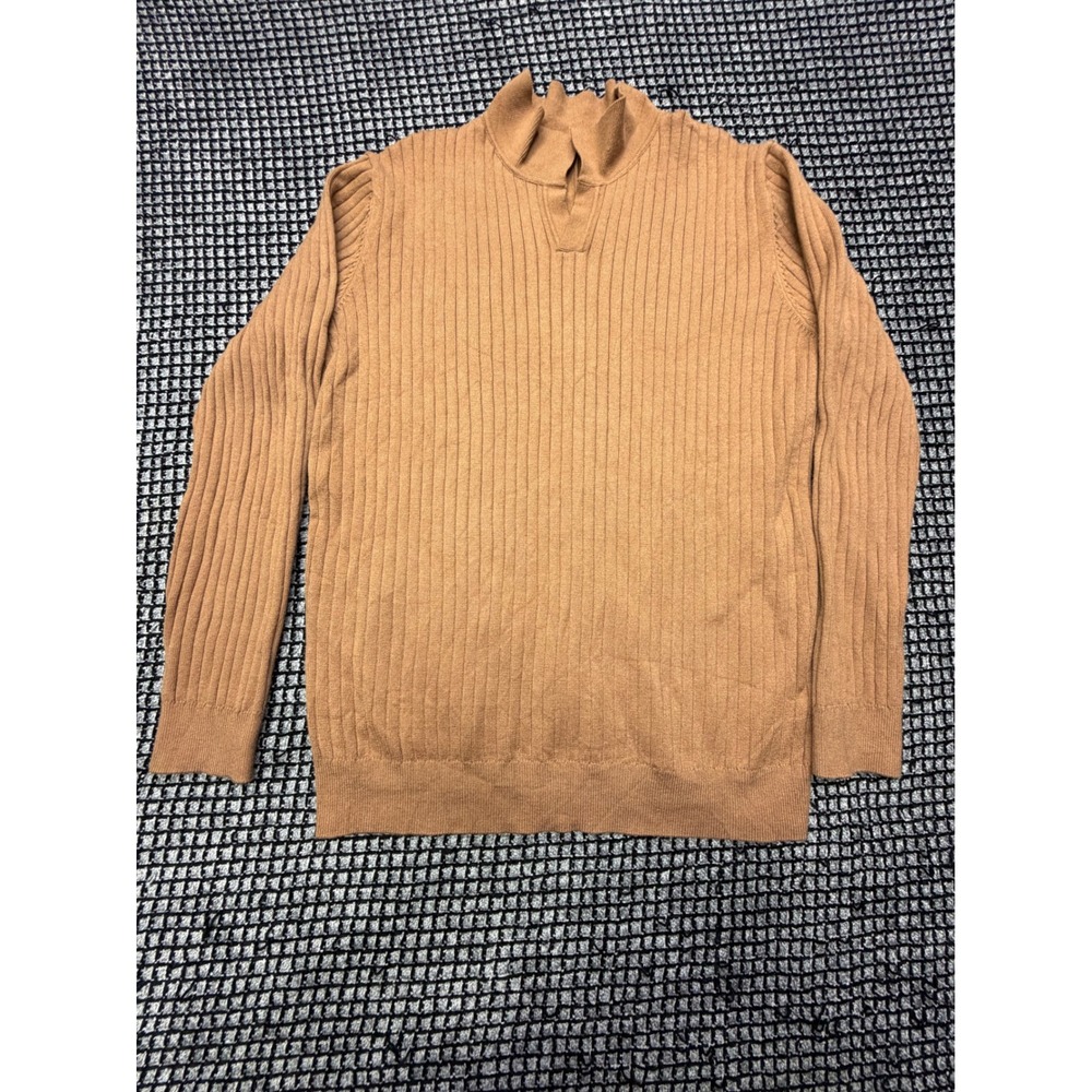 Dazy Ribbed Knit Sweater Mens Large Brown Mock Neck Split V-Neck